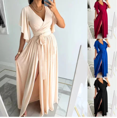 Wish Solid Color V Neck Belt Dress Ladies Elegant Occasional Floor Length Evening Formal Dresses