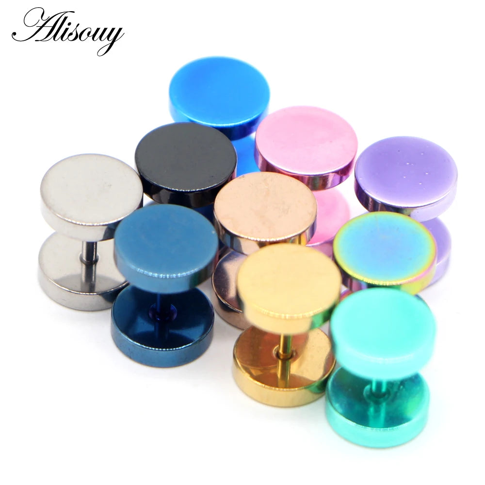 Alisouy Gothic Punk Stainless Steel Barbell Round Ear Stud Earrings for Women Men Dumbbell False Ear Expander Piercing Jewelry