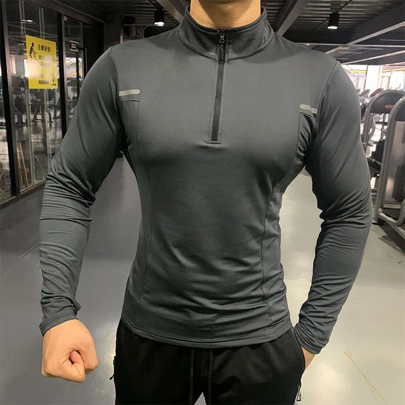 Men Fitness Tshirts Workout Breathable Fit Sport Gym Quick Dry Clothing Running Long Sleeve Stand Collar Zipper T Shirt
