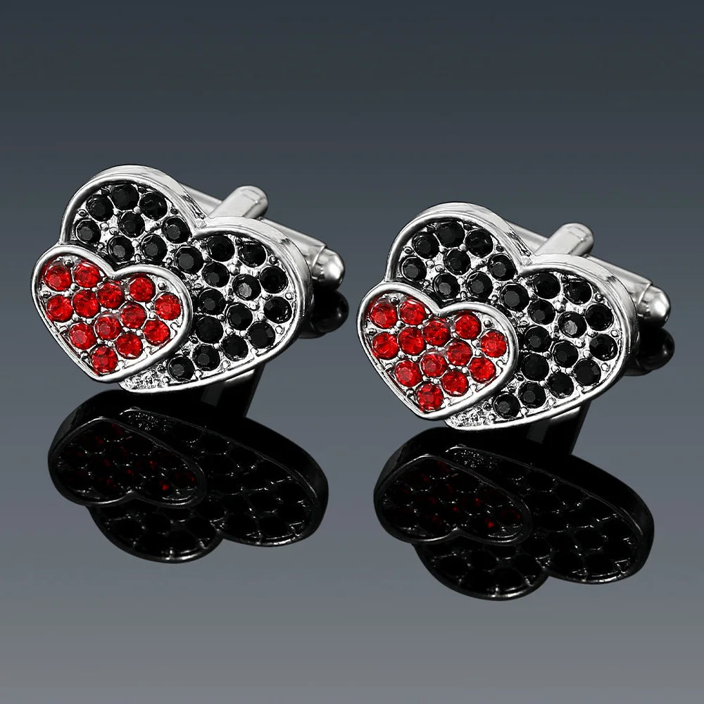 Luxury New Fashionable Diamond-Inlaid Black and Red Heart Cufflinks for Parties Anniversaries Weddings or Valentine's Day