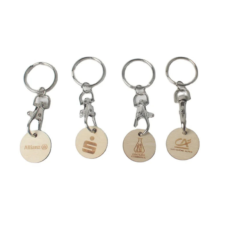Wholesale Round Wood Shopping Trolley with Pound Dollar Coin Keychain Iron Metal UV Embossing & Silk Screen Printing