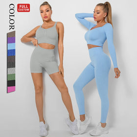 Plus Size Solid Ribbed Seamless Breathable Eco-Friendly 2-Piece Sportswear Set High Waist Long Sleeve Women's Fitness Yoga
