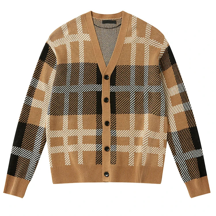 Amazom Good Sale Jacquard logo Custom Knitwear Buttoned Plaid Cardigan V Neck Cardigan Coat Men  Winter Wool Sweater