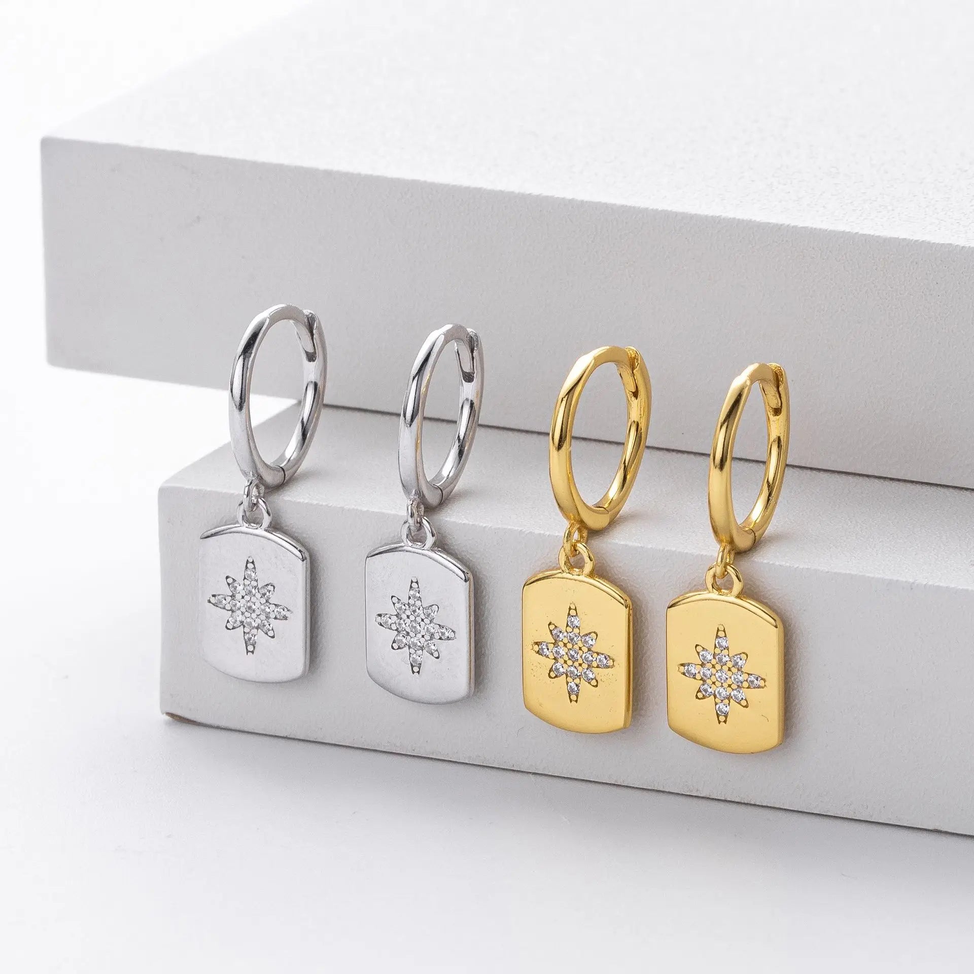 Fine Jewelry Earrings 925 Sterling Silver Diamond Earrings square Star Pendant Gold Plated Hoop Earrings Women