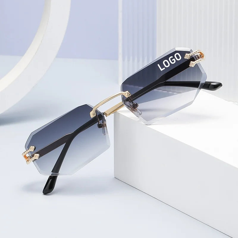 Customizable Logo Blue and Red Rimless Cut Metal Sunglasses Fashionable Frame Color for Men and Women