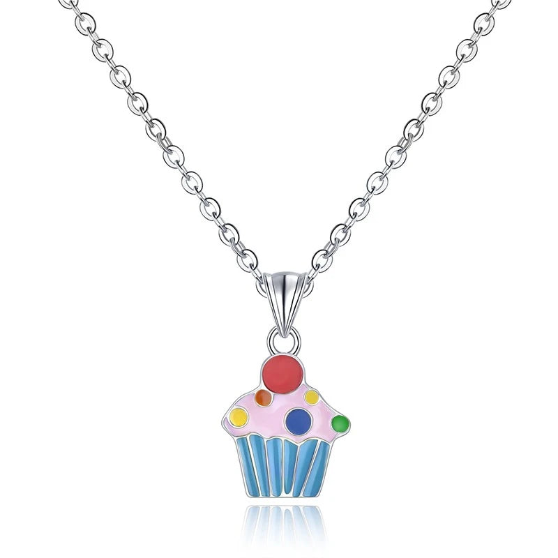 YILUN Cute Ice Cream Fruit Pattern Rhodium Plated 925 Sterling Silver Enamel Pendant Necklace for Kids' Birthday Gift