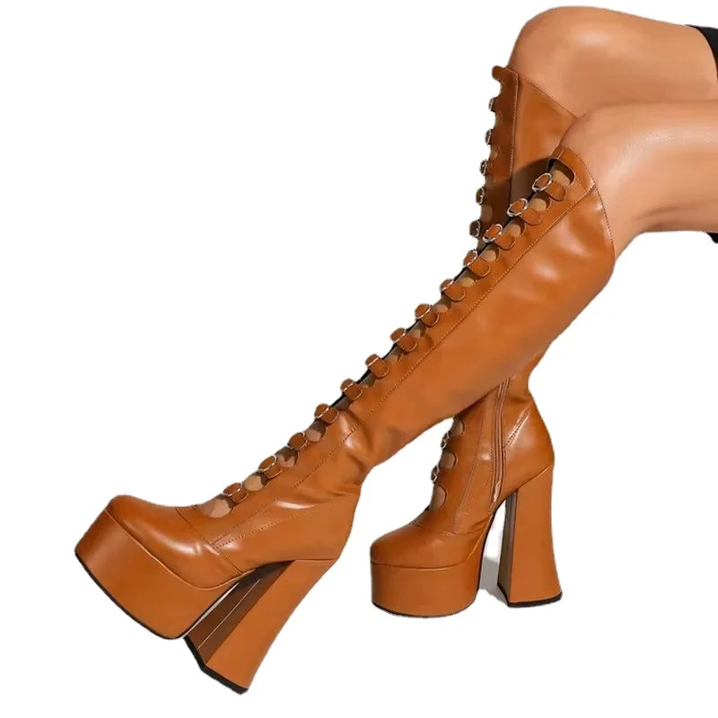 Summer Autumn Winter Lace-Up Western Knee High Boots Women's Buckles Platform Chunky Heels Side Zipper Purple Long Booties 10cm