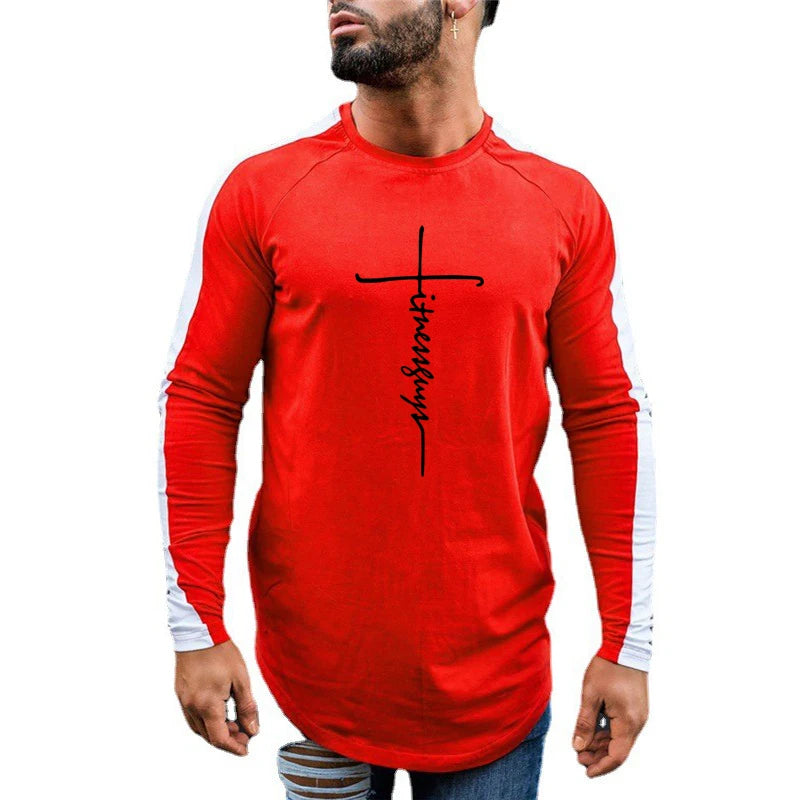 Custom Logo Autumn New Brand Mens Sports Patchwork Printed Round Neck Fitness Training Gym Compression Long Sleeve Shirt