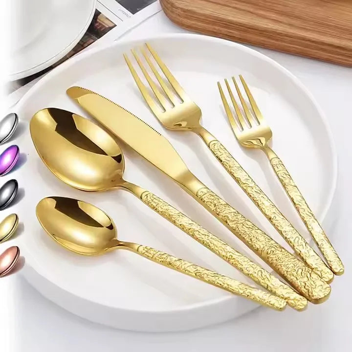 Hot Selling Stainless Steel Flatware Utensil Set Christmas Gift Hammered Cutlery Fork Knife Spoon Disposable Mirror Polish