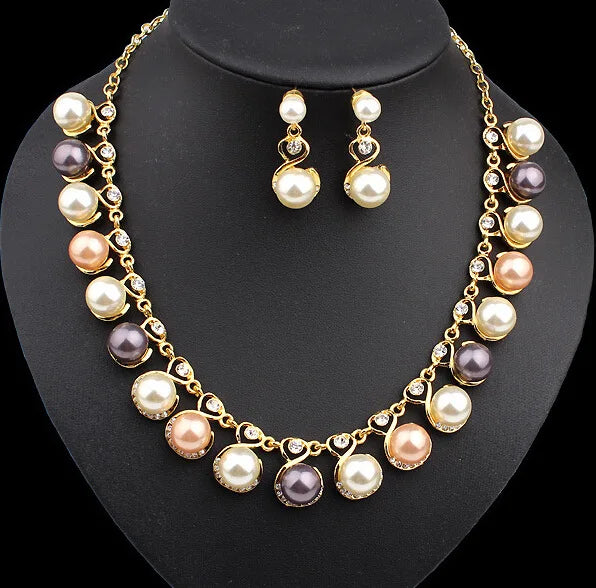 Pendientes Pearl White Pink Purple Multi Color Bridal Luxury Necklace Jewelry Set Nlaid Zircon Long Drop Pearl Earrings