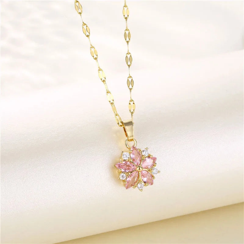 SC New Fashion Shiny Crystal Necklace Delicate Pink Zircon Pendant Necklace Flower Pendant Stainless Steel Necklace for Women