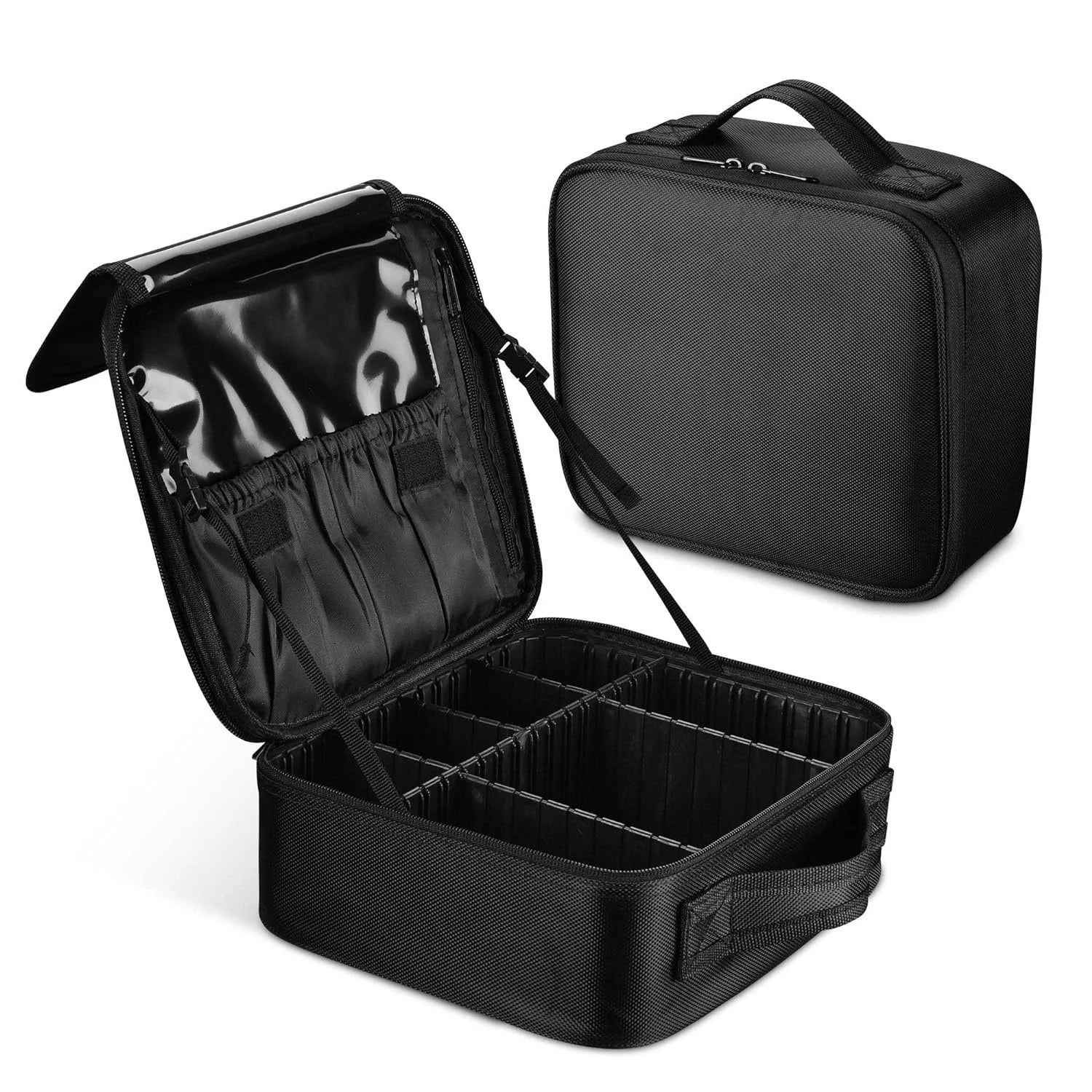 Portable Nylon Travel Makeup Case with Adjustable Dividers Cover Closure-Artist Storage Bag Organizer and Brush Holder