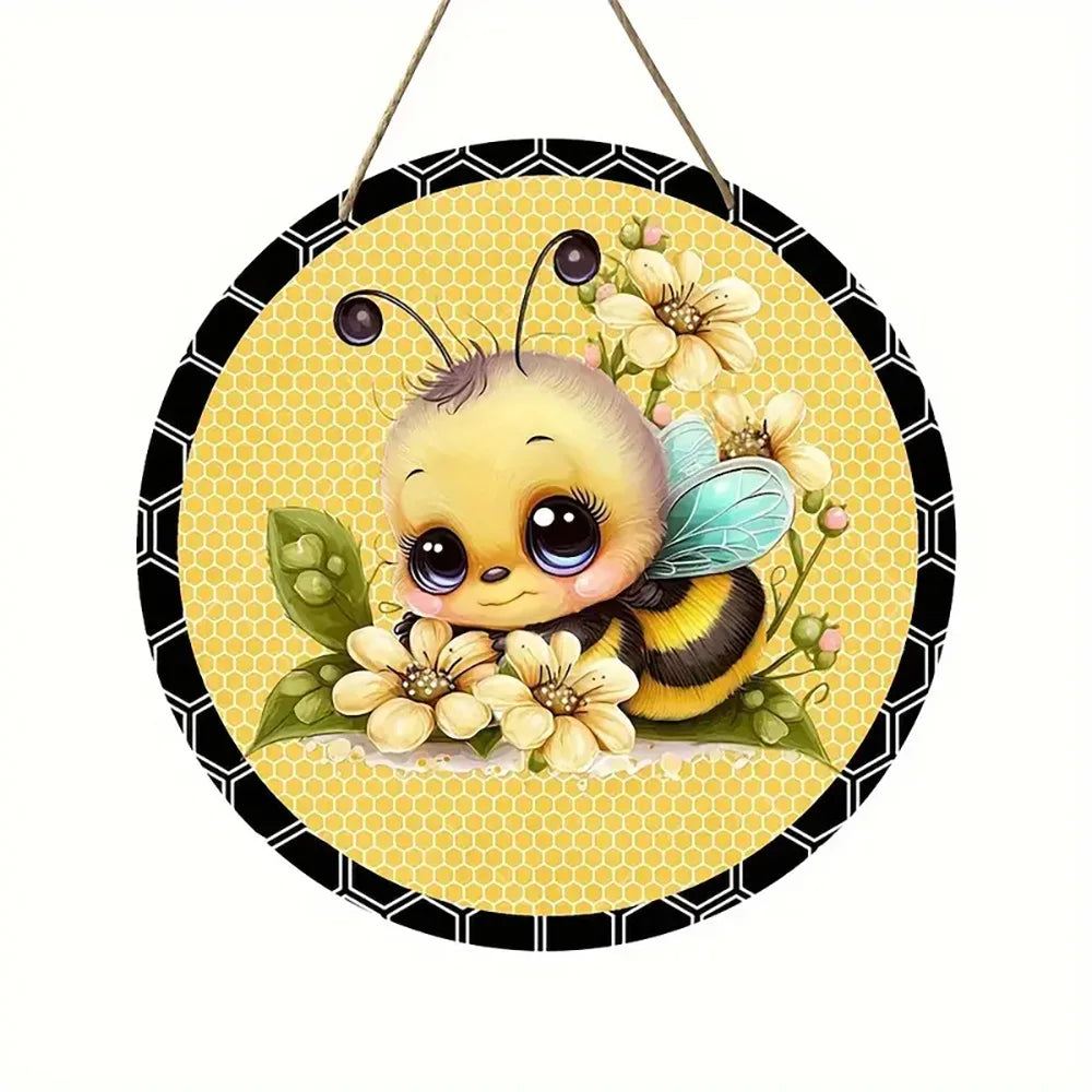 Little Bee Art Deco Design Round Wooden Decorative Sign for Front Door Garden Layout Summer Wind Hanging Signs