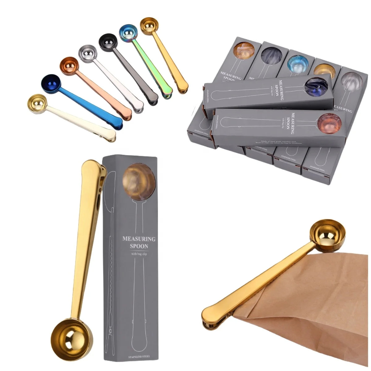 Customized  Stainless Steel 15ml Coffee Scoop Tools and Bag Clip Multi-colored Measuring Spoon Coffee Bean Scoop with Gift Box