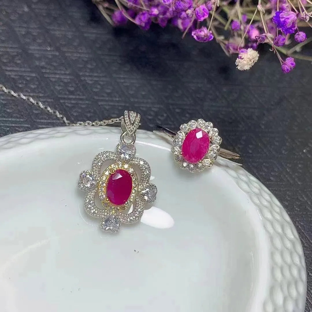 Summer Hot Sale China Wholesale 925 Sterling Silver Ruby Jewelry Set Gold Plated for Parties and Engagements Low MOQ