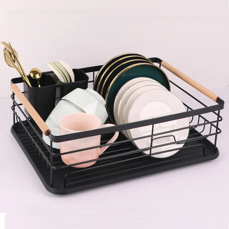 OWNSWING Simple Metal Kitchen Dish Rack Dishes Shelf Drainage Rack With Wooden Handle