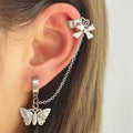 Vintage Plated Silver Pendant Chain Ear Women Tassel Stud Clip Rhinestone Butterfly Long Statement Earrings for Women