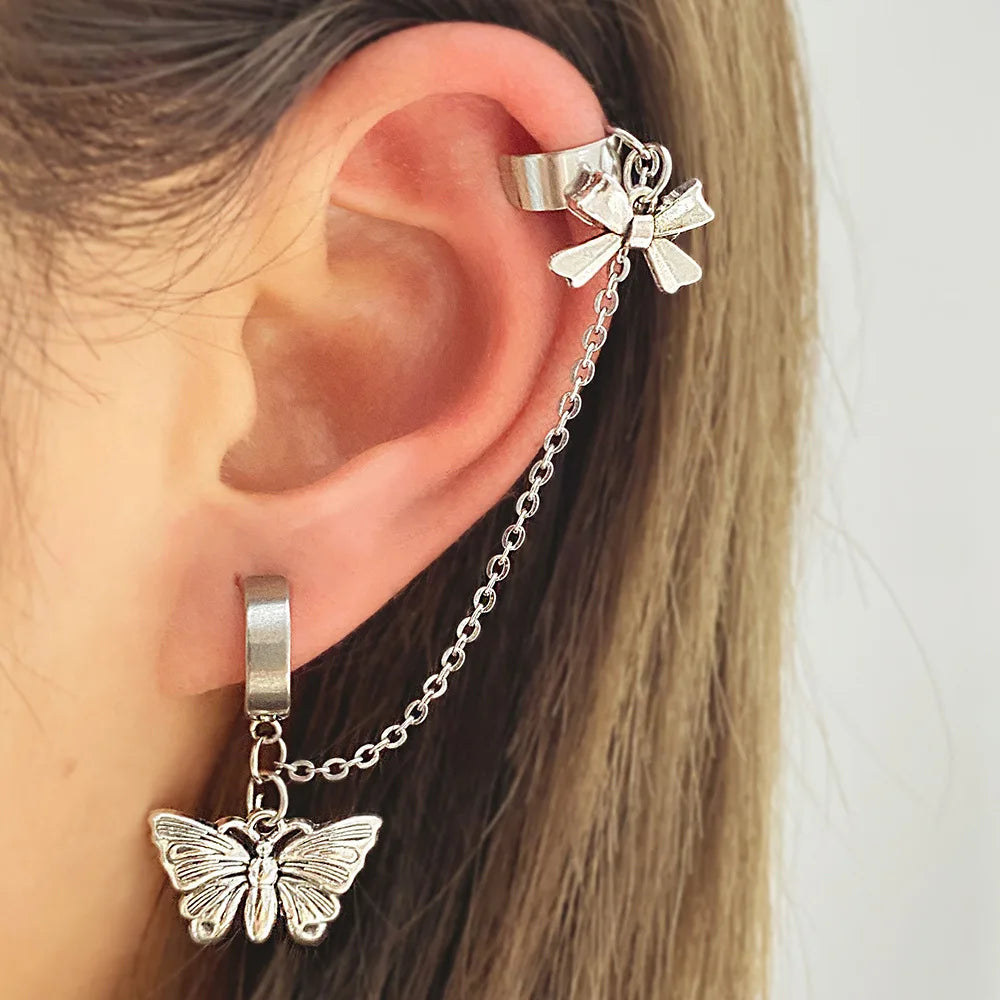 Vintage Plated Silver Pendant Chain Ear Women Tassel Stud Clip Rhinestone Butterfly Long Statement Earrings for Women