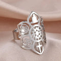 Myshape Dharma Wheel of Life Lotus Flower Yoga Ring Adjustable Star Moon Cross Yin Yang Religious Amulet Spiritual Jewelry