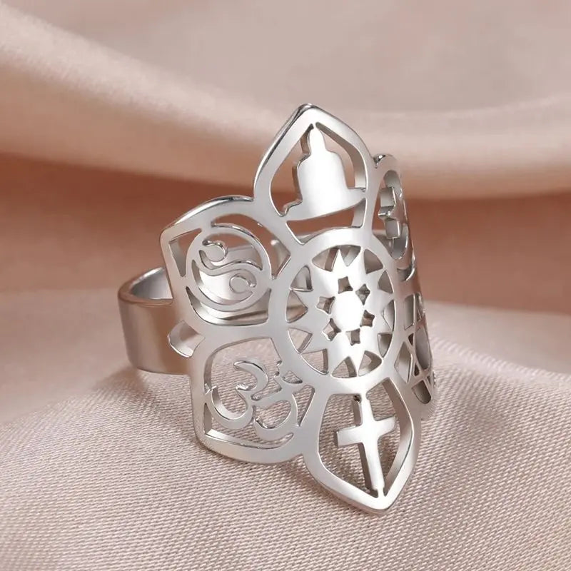 Myshape Dharma Wheel of Life Lotus Flower Yoga Ring Adjustable Star Moon Cross Yin Yang Religious Amulet Spiritual Jewelry