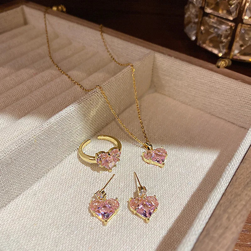 DAIHE High Quality Non Tarnish Fashion Jewelry Pink Heart Zircon Jewelry Sets for Women