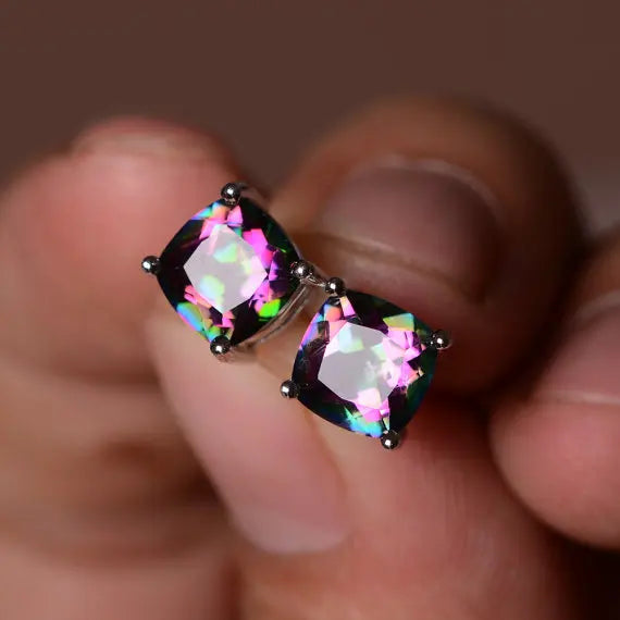 CAOSHI Unisex Colorful Blue Green Pink Zirconia Earring White Rainbow Wedding Earrings Square Stud Earrings for Women