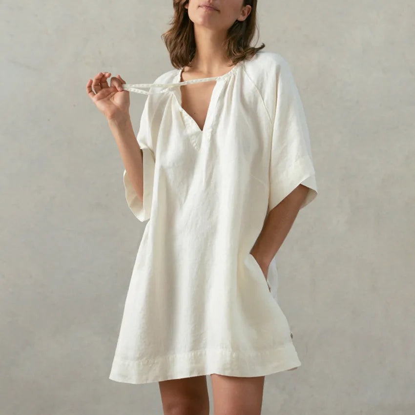 Summer Women Cotton Linen V-neck Short Sleeve Dress Casual Women Dress