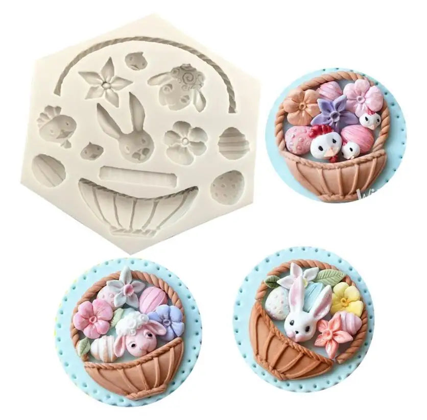 HY 3D Flowers Basket Rabbit Silicone Mould for Easter Decoration Bunny Egg Mold Chocolate Mold Baking Tool