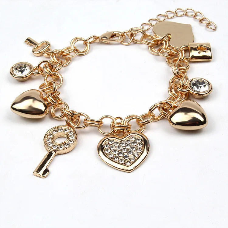 New Fashion Gold Love O-shaped Crystal Bracelet Retro Key Lock Bracelet Women