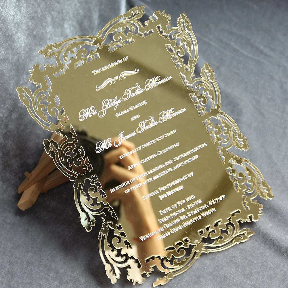 2022 Wedding Engagement Gold Mirror Laser Cut Acrylic Invitation Customized Printing