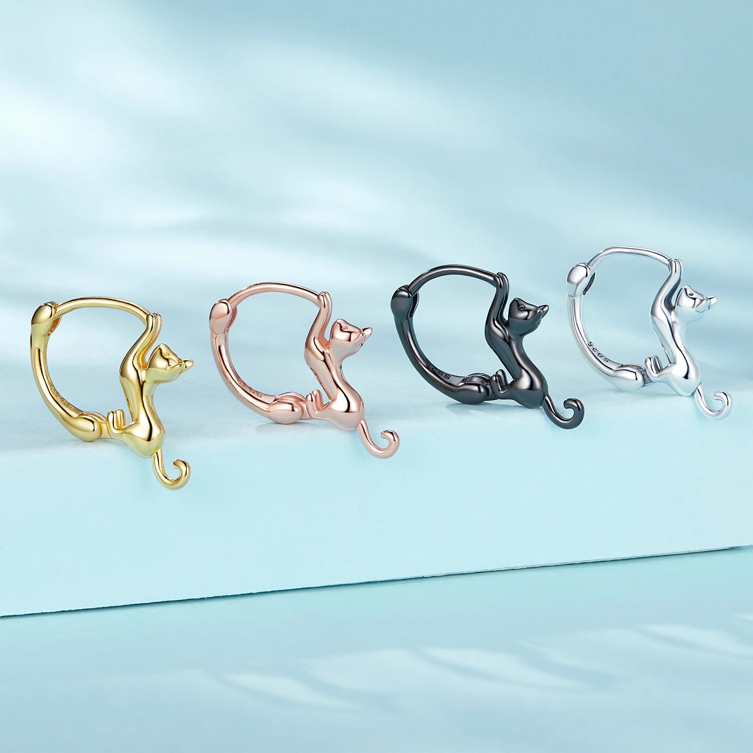 925 Sterling Silver Cat Ear Clips Hoop Earrings - Black & Rose Gold Plated Adjustable Hypoallergenic Fine Jewelry for Women