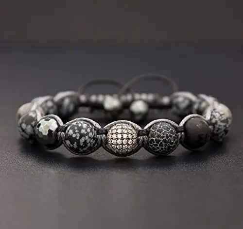 New Design Natural Stone Snowflake Obsidian Macrame Wrap Tibetan Mantra Om Mani Beaded Cord Adjustable Bracelet Women Men JBS124