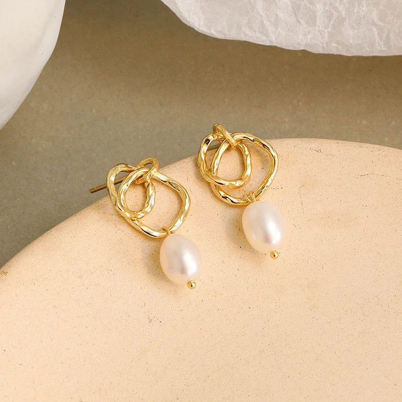 VIANRLA 925 Sterling Silver Pearl Drops Earrings Double Hoops Baroque Pearl Earrings