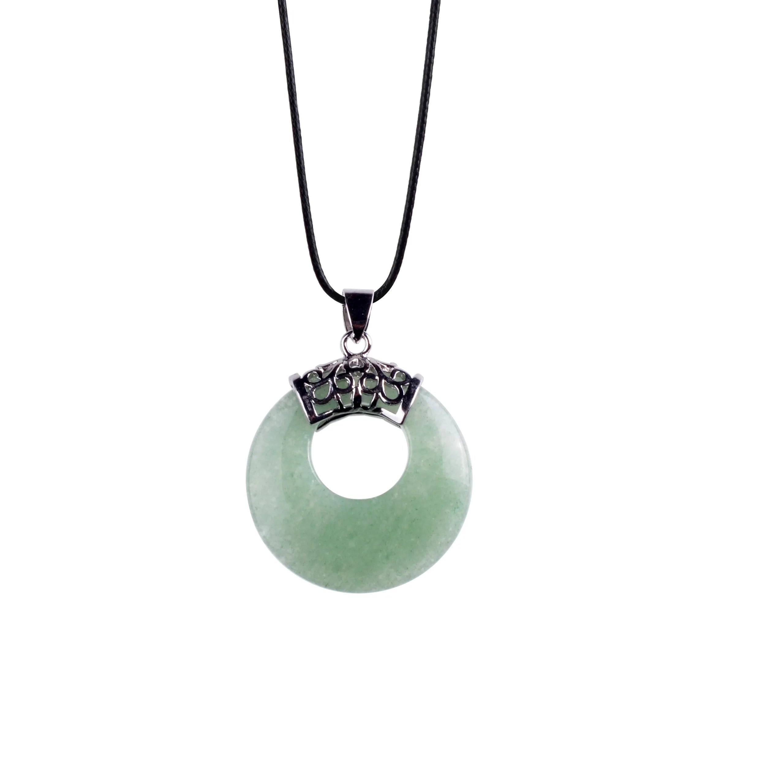 Natural Gemstone Donut Crystal Pendant Necklace Character Chinese Symbol Healing Chakra Quartz Asian Style Circle Round  Choker