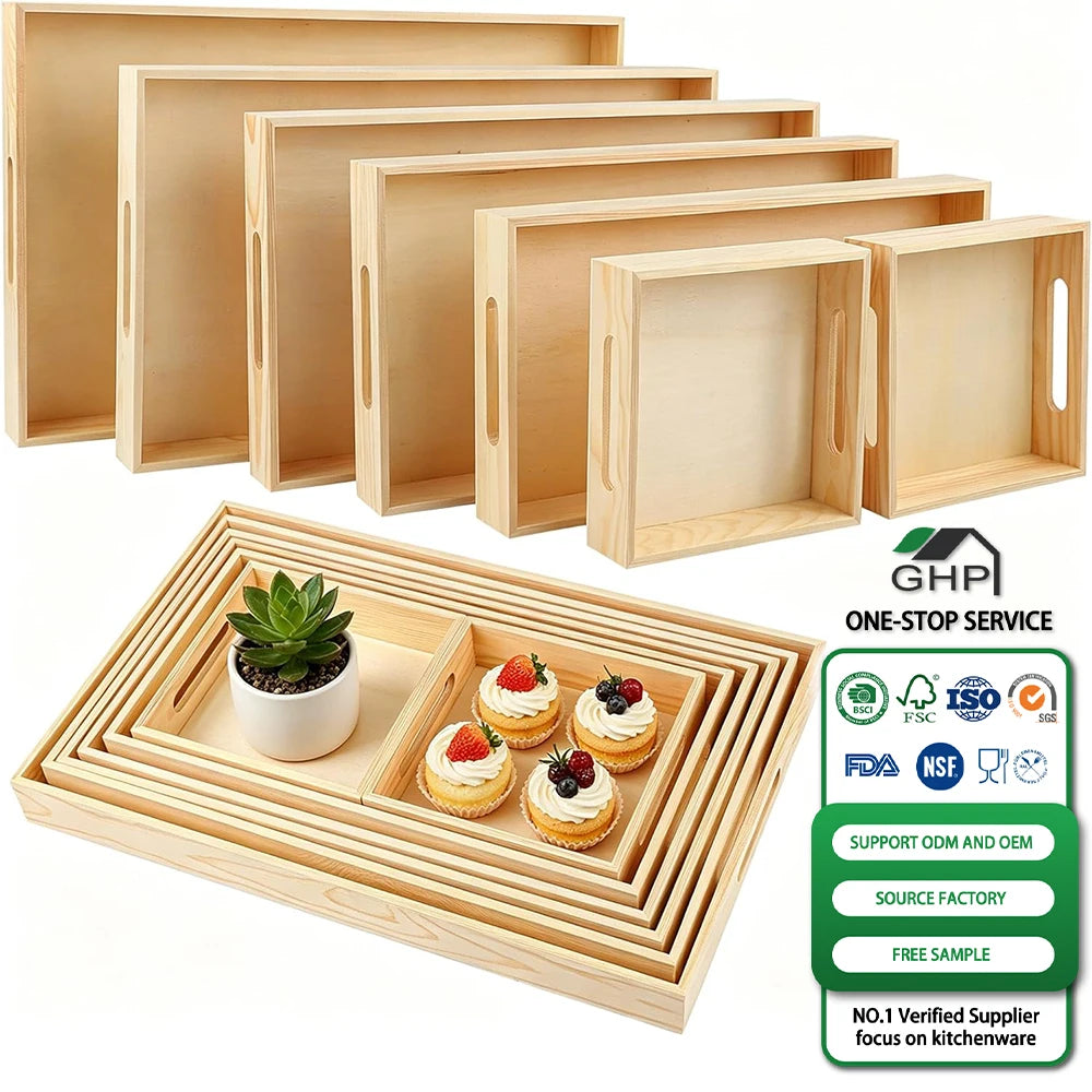 7Pcs Wooden Serving Tray Set with Handle Rectangle Nested Couch Platter for Entertaining Snack Breakfast Coffee Table Home Decor