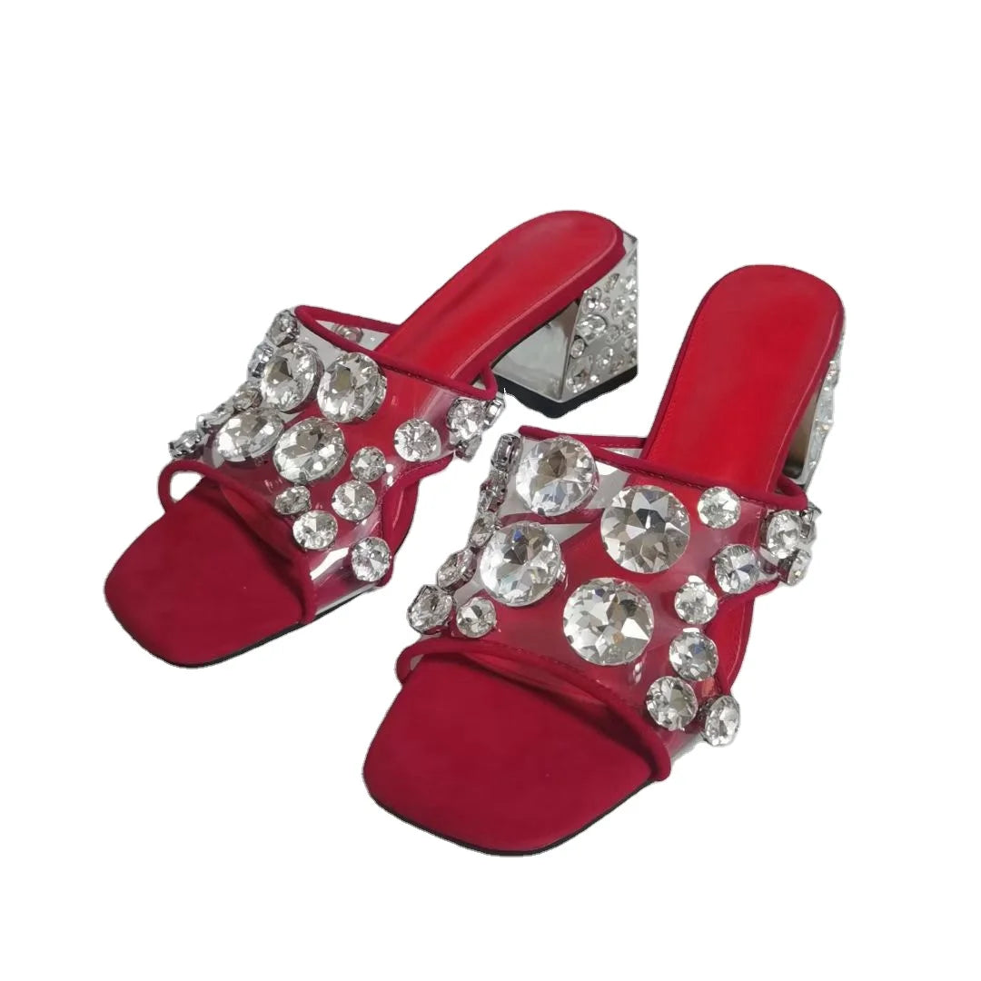 Crystal Genuine Leather Woman's Summer Open Toe High Heels Mules Slip-On Sandals with Rubber Insole for Outdoor Position