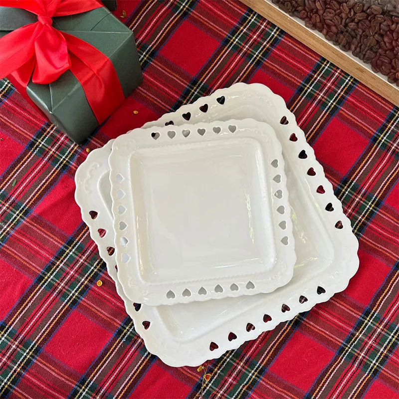 Retro love Hollowed Out Ceramic Plate French Relief Western Dessert Fruit Plate