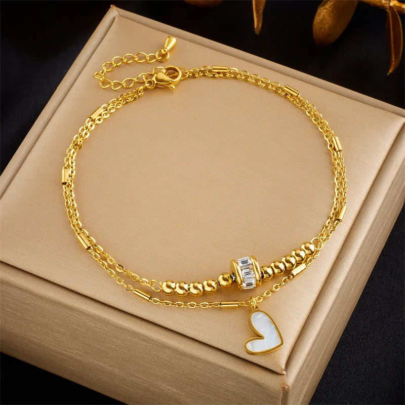 2023 New Arrival Fashion Beach Jewelry Non Tarnish Double Layer 18k Gold Plated Stainless Steel Heart Anklets for Women