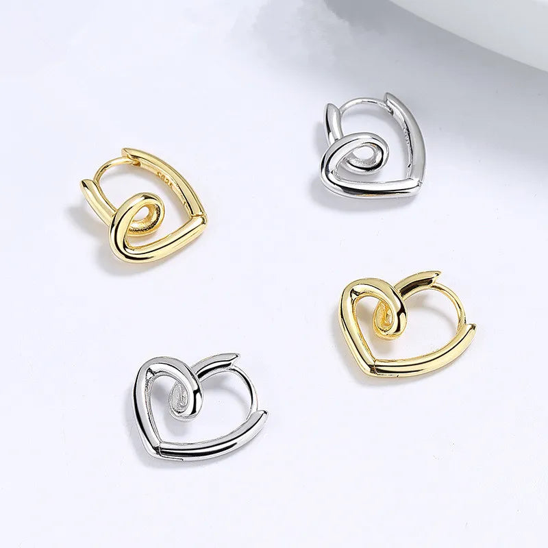 Fashion Minimalist Jewelry 925 Sterling Silver Simple Twist love Heart Shape Gold Plated Hoop Earrings for Women