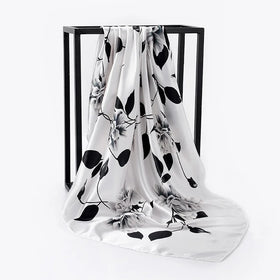 Women's Versatile square Scarf Oil Painting Rose Flower Pattern Printed Silk Scarf Travel Sun protection Shawl Women
