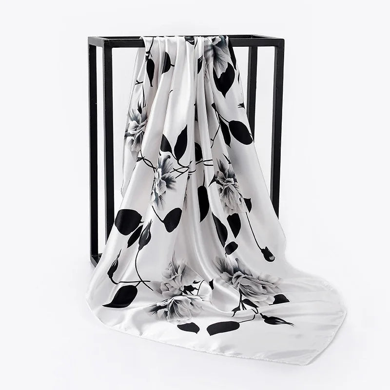 Women's Versatile square Scarf Oil Painting Rose Flower Pattern Printed Silk Scarf Travel Sun protection Shawl Women