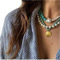 Bohemian Style Stacked Sweater Natural Turquoise Stone Freshwater Pearl Choker Three-Layer Necklace Evil Eye Pendant Trendy Link
