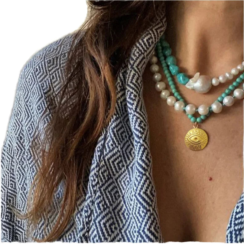 Bohemian Style Stacked Sweater Natural Turquoise Stone Freshwater Pearl Choker Three-Layer Necklace Evil Eye Pendant Trendy Link