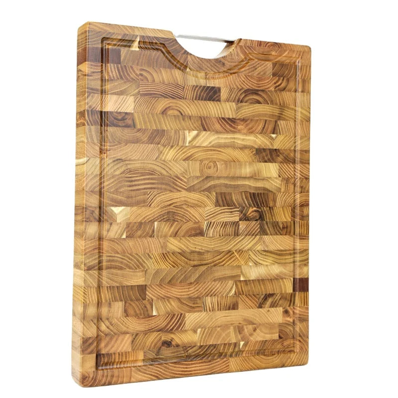 End Grain Teak Wood Cutting Boards with Juice Groove and Handles Kitchen Chopping Board Plastic Material Box Packing
