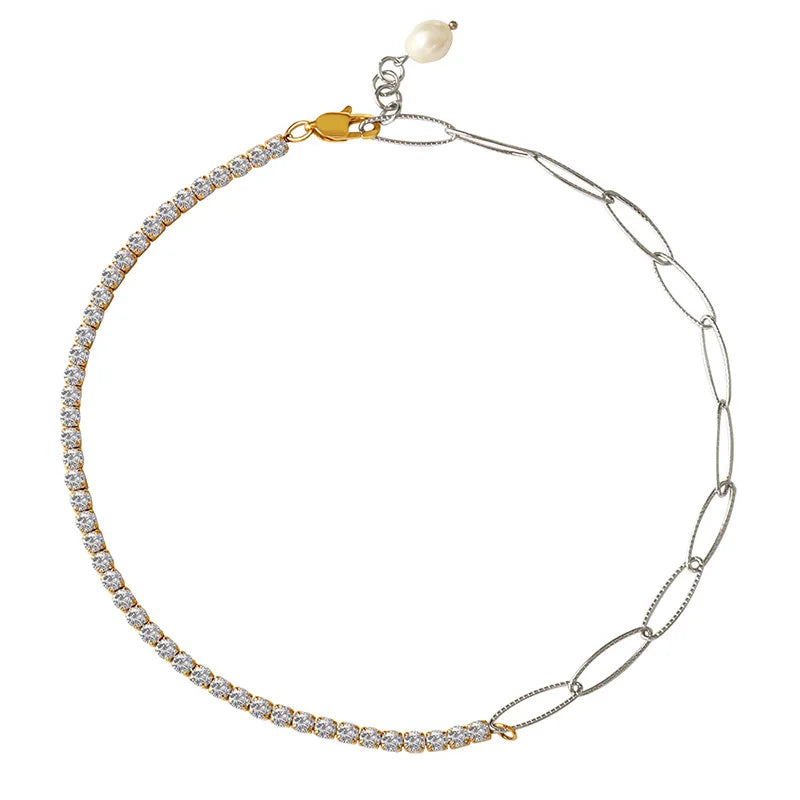 Newest Fashion Minimalistic Tennis Chain Matching Gold Plated Fresh Water Pearl Pendant Stainless Steel Necklace
