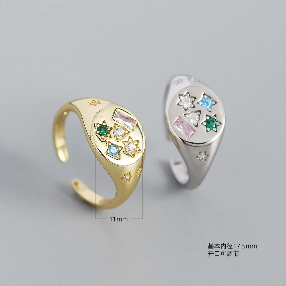 Europe and America Fashion 925 Sterling Silver Adjustable Star Colorful Stone with 18k Gold Plated Ring for Women