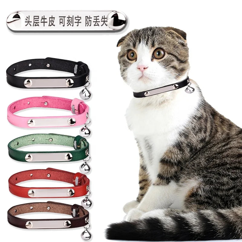 Engravable Pet Cat Name Id Tags Pet Chain Leather Classic Waterproof Bell Dog Cat Collar