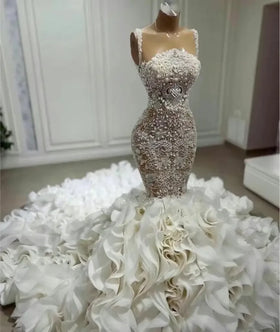 Mermaid Wedding Dresses Luxury Pearl Lace White Beaded Long Train Wedding Dresses Women's Knife Pleated Skirt