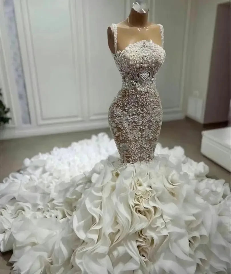 Mermaid Wedding Dresses Luxury Pearl Lace White Beaded Long Train Wedding Dresses Women's Knife Pleated Skirt
