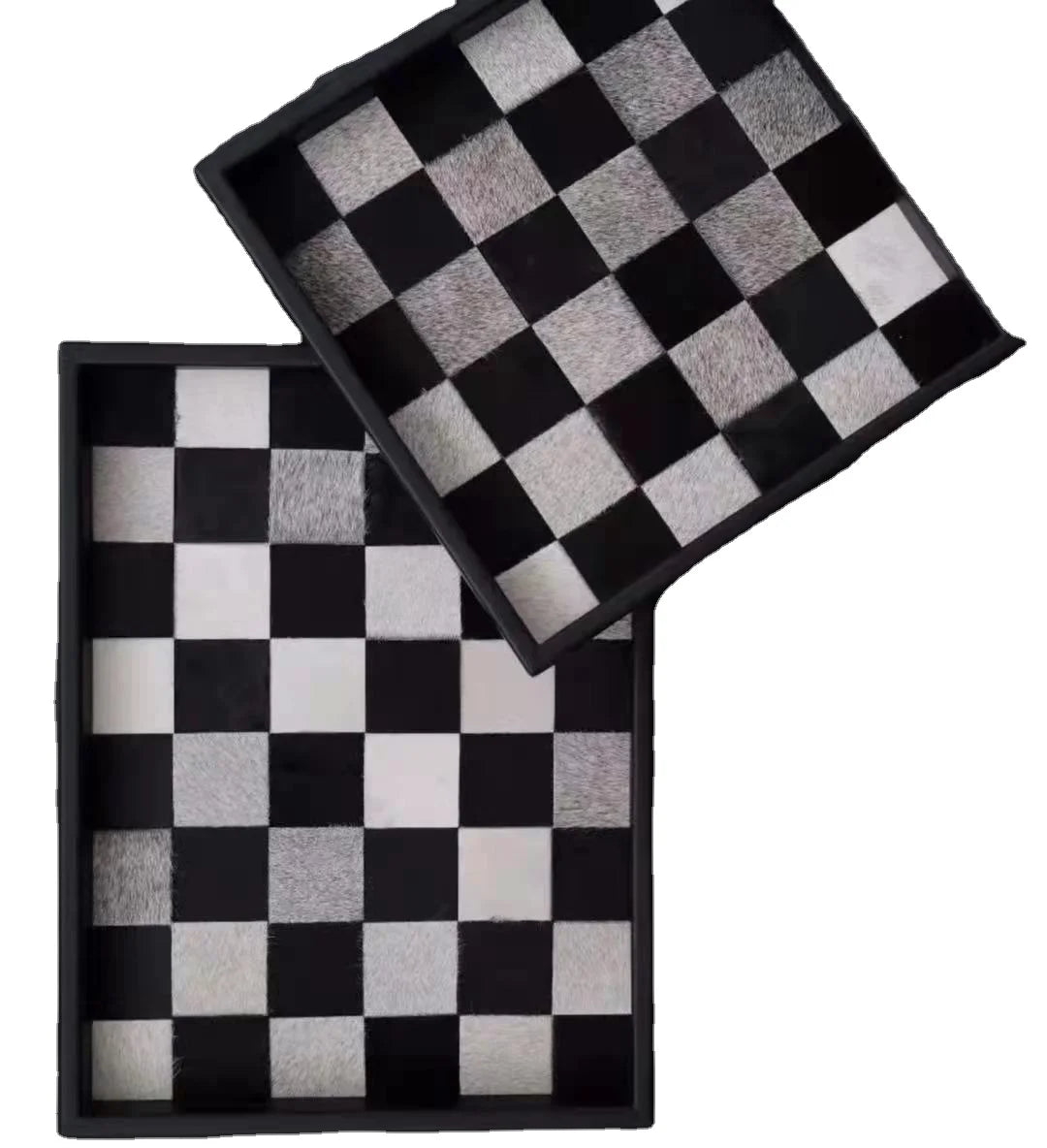 Hot Selling Custom Reusable Modern Black and White Squares Chess Board Leather Serving Tray Decorative Restaurant Hotel Tray